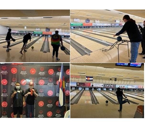 Top left, three student bowl; Top right, student uses adaptive equipment to bowl, lower left, two students show awards; lower right, student in action bowling