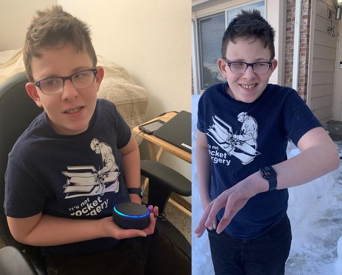 Left: boy holds an echo dot, Right: boy displays watch on his left wrist