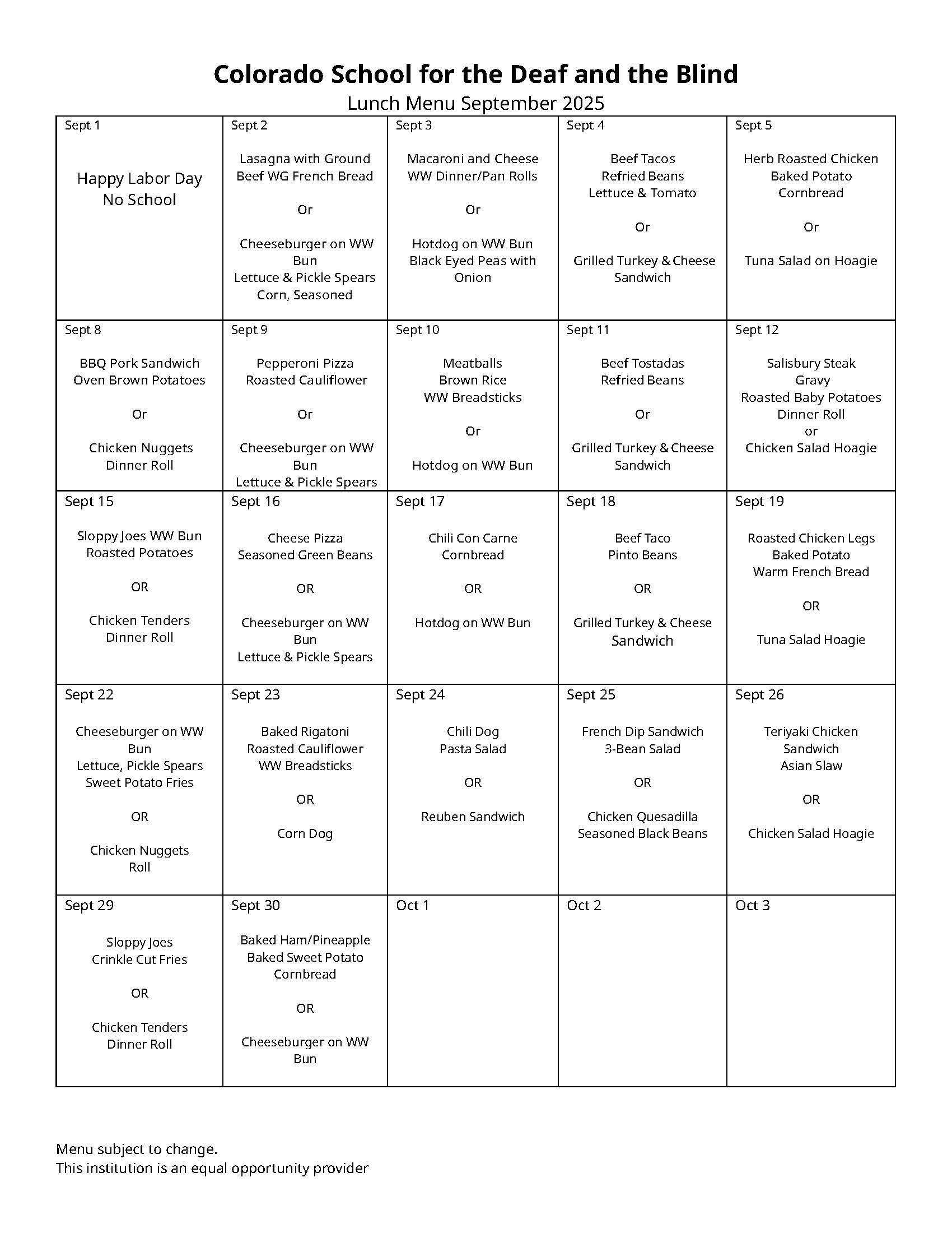 Image file of September Lunch Menu