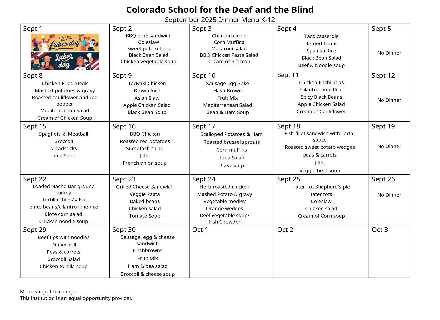 Image of September Dinner Menu