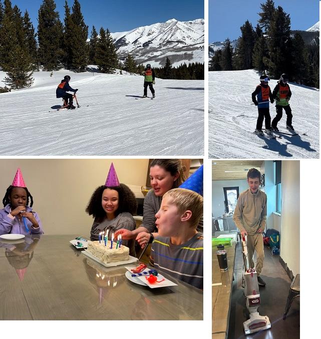Upper left & right: student on a ski bike and student & guide skiing down hill; lower left: three students and one staff with birthday cake; lower right, one student vacuums
