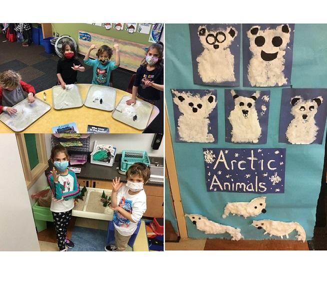 top left, four students make snow habitats on trays; lower left, two students use ASL to create the sign for "tree"; right, arctic animals bulletin board with five tactile art pieces representing polar bears