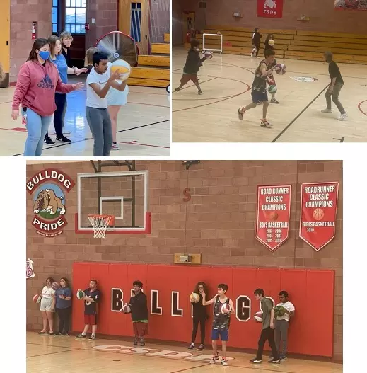  top left, boy dribbles ball while staff support him; top right, four students involved in a dribble drill; lower photo, eight students holding basketballs lean against the Bulldogs mat in the gym.