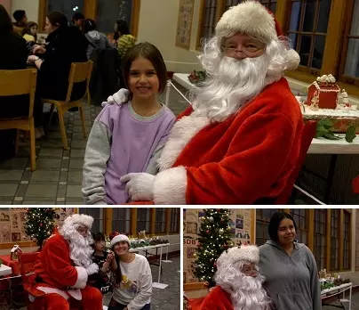 top, young girls sits with Santa and smiles; lower left, girls and dorm staff member smile while with Santa; lower right, older girls smiles with Santa