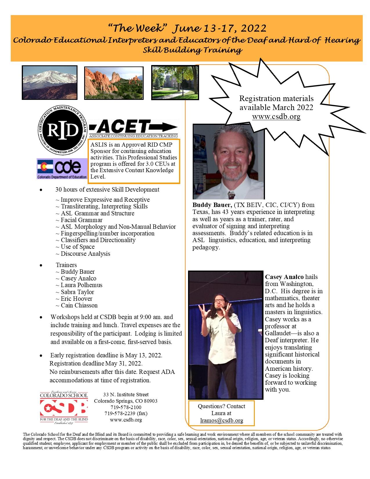 The Week June 13-17, 2022 Colorado Educational Interpreters and Teachers of the Deaf and Hard of Hearing Skill Building Training