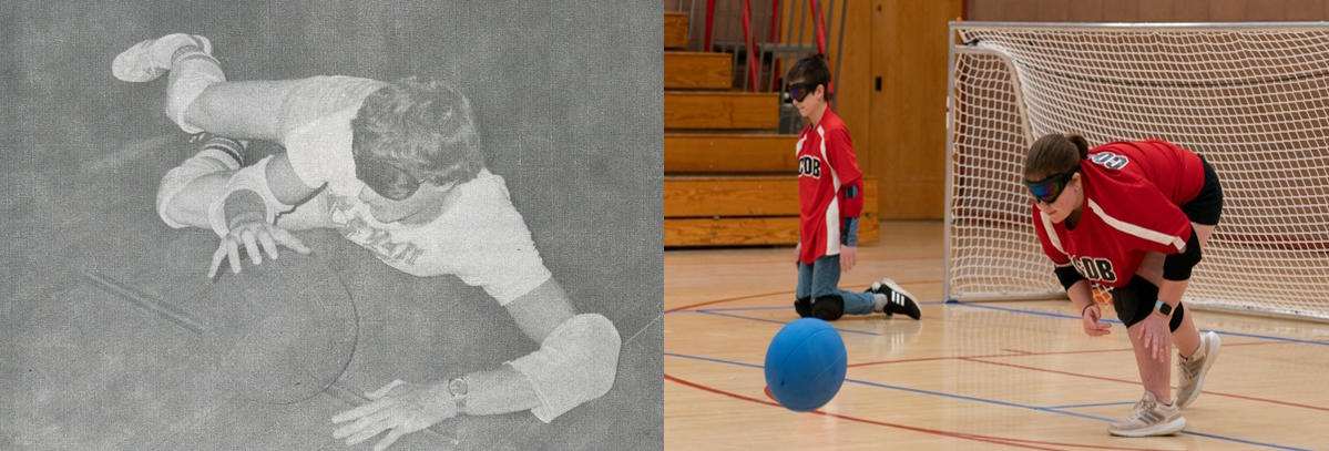 erre Scofield, School for the Blind Class of 1983, and current staff member, was one of the first to try it. Right: A student serves a goalball to start play while another waits in position.
