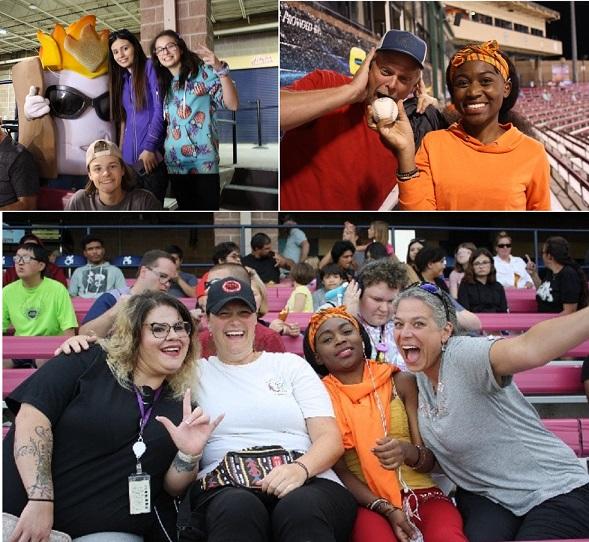 upper left, students with Toasty the Vibes mascot; upper right, female student holds baseball to male staff's mouth while he covers his ears; lower staff and students pose in the bleachers