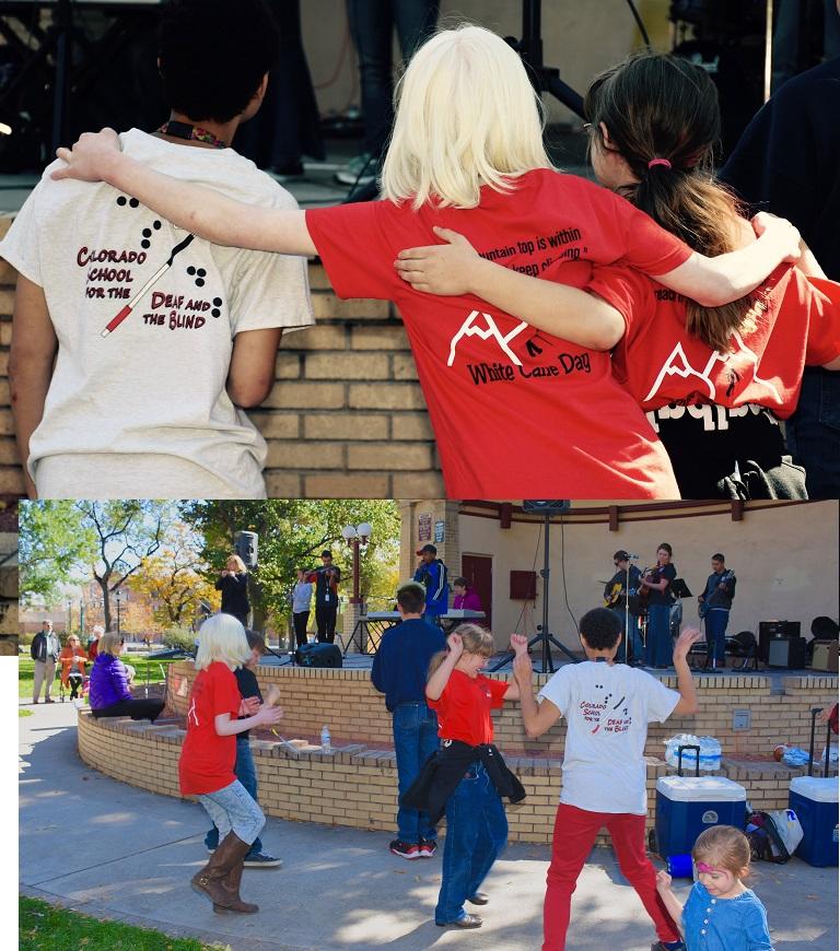 upper: three friends hug while listening to the band, lower: students dance while the band plays music