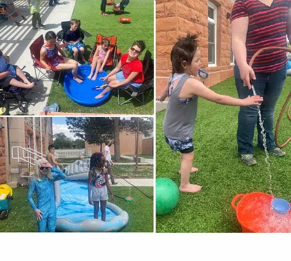 Photo collage: top left, five students sit in lawn chairs with their feet dangling in the kiddie pool; lower left, three students near the slip 'n slide with sprinklers spraying; right, student touches the water stream coming from a hose held by a staff member.