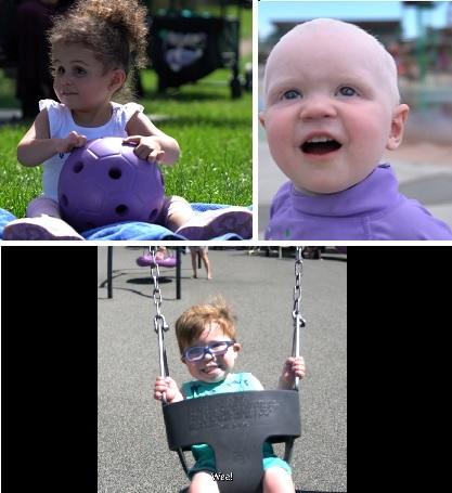 left, girl holds ball on the grass; right, toddler looks up in awe; lower, toddler with big blue glasses swings and grins
