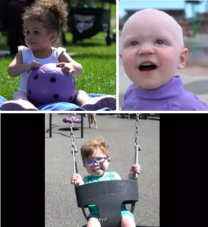 left, girl holds ball on the grass; right, toddler looks up in awe; lower, toddler with big blue glasses swings and grins