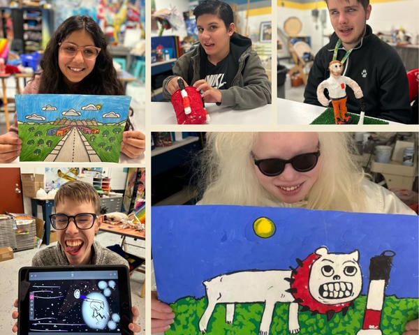 A collage of students holding their art work.