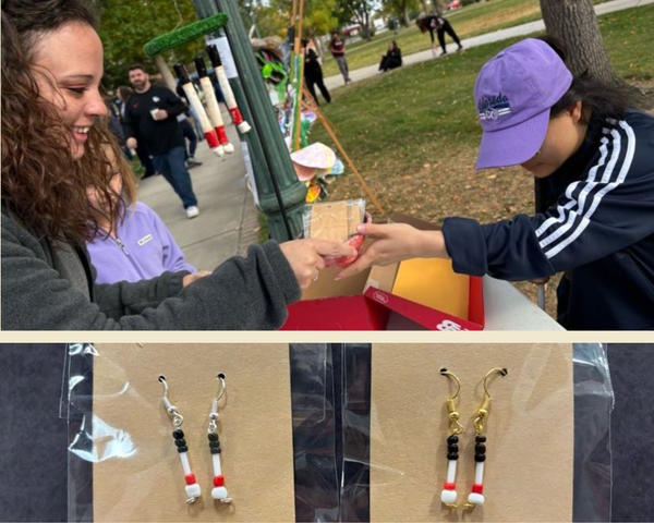 Top picture, a student handing a woman a pair of earrings.  The bottom two pictures are of the white cane earrings.