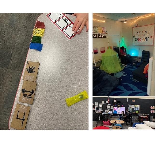 Left: tactile items; Upper right, students rests in a comfortable calming section of the room; Lower right, Zones classroom