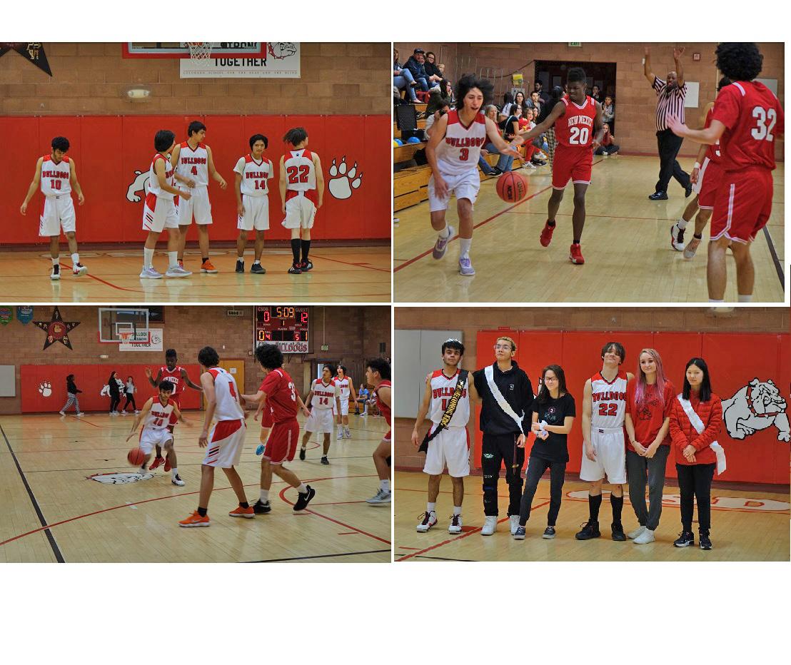Basketball team vs NMSD on the court and the Homecoming Court Royalty