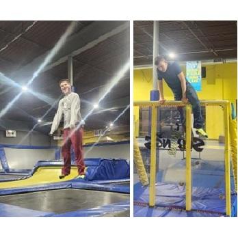Left, boy jumps on trampoline; right, boy climbs on pipe