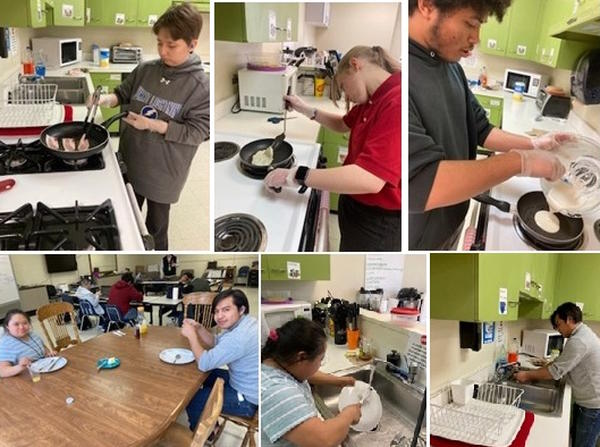 Six pictures of students cooking pancakes and bacon, and cleaning up the dishes.
