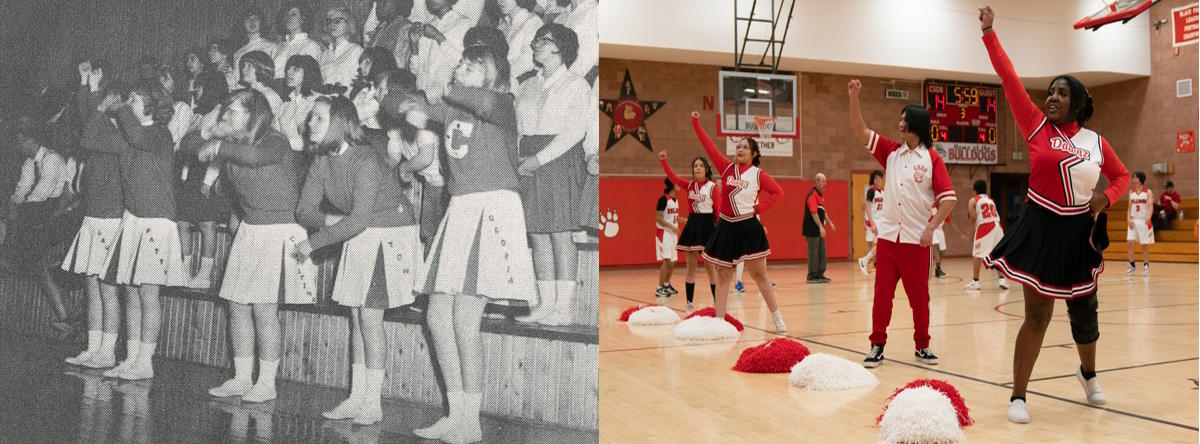Left side, five CSDB cheerleaders in 1966 and on the right four CSDB cheerleaders in 2024