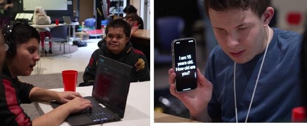 Left: a deaf and a blind student use a laptop to communicate; Right, a boy shows text on his phone.