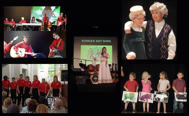 collage-Students in the bulldog band, singing group, drama, signing a story