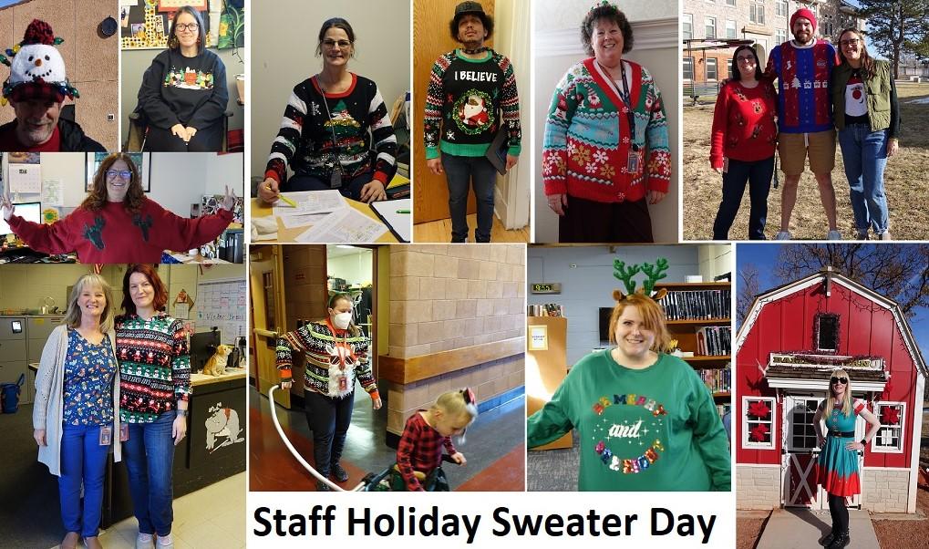 Twelve holiday sweaters and one snowman cap in this "Staff Holiday Sweater Day" collage.
