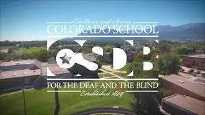 aerial view of campus with csdb logo overlaid