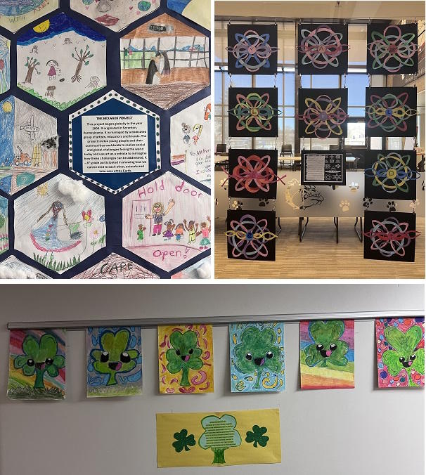 Upper left, drawings cut into hexagon shapes; upper right, ten Celtic Knots hanging for display; Lower, six watercolor shamrocks hanging on the wall.