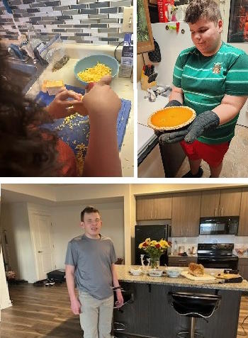top left, student trimming corn; top right, male student holding a hot pumpkin pie at home; lower, student standing in his home kitchen after cooking.