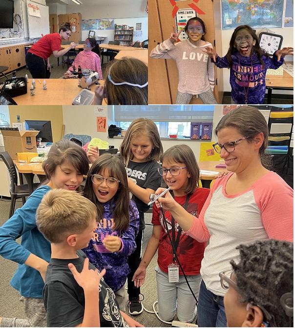 top left: Drama teacher paints a student's face; top right, two girls with gory face painting; below, 6 student and a teacher look at results of air brushed makeup