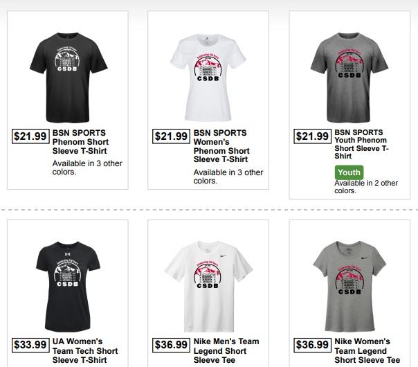 sample choices including six short-sleeved T-shirts with the CSDB 150th logo.