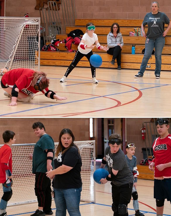 top, girl serves a goalball while another centers onto the line; lower, coach and student work side-by-side training on the serve while other boys are nearby.]