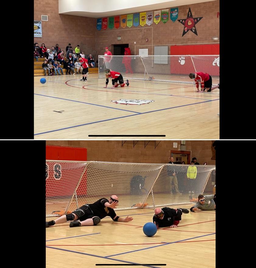 Upper, 3 CSDB goalball players on the court; Lower, 3 USAFA Airmen on defend on the court