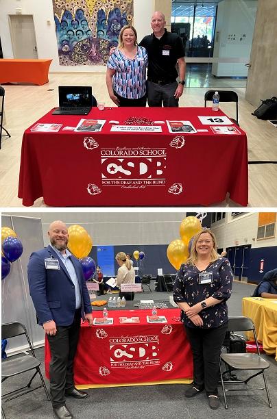 Both photos show a man and woman in front of the CSDB exhibit table