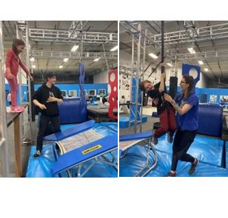 Left, girl  stands above trampoline ready to jump; right: girl swings on rope with adult help