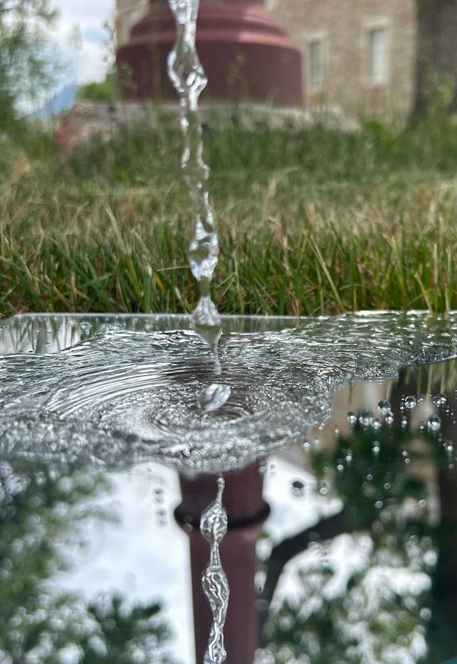 stream of water dribbles into a reflecting puddle surrounded by grass