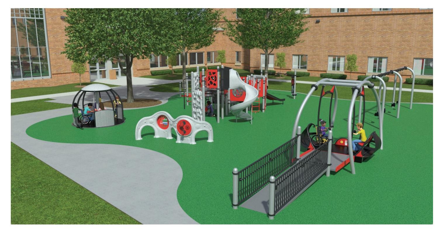 Rendering of an accessible playground with swings, slides, merry-go-round, climber, playcenter, sensory cente
