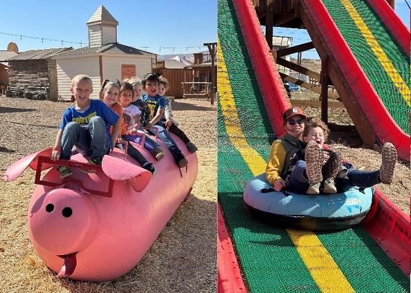 six preschool sit atop a pink pig tank; right, a lady and child ride a tube to go down the slide.