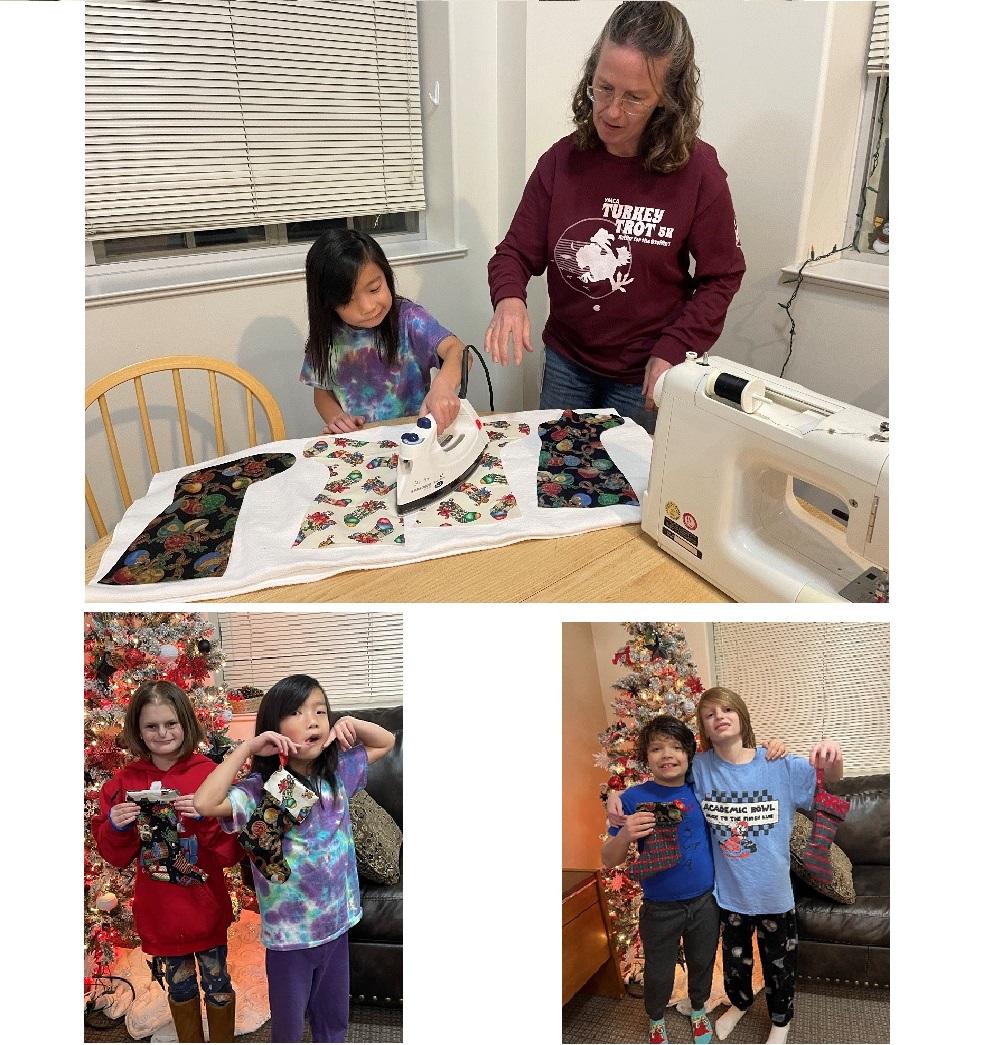 Top, girl and staff iron fabric; lower, two girls and two boys show their handmade stockings