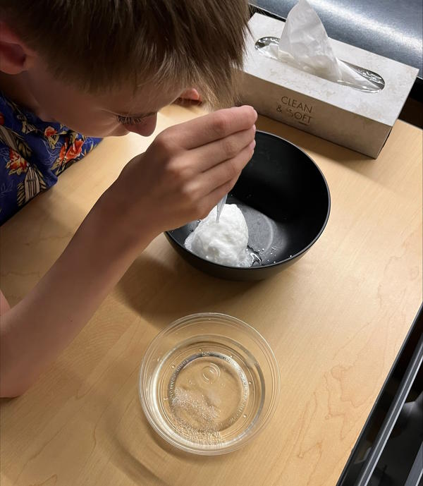 A student uses an eyedropper to add a liquid to the powder in the bowl.