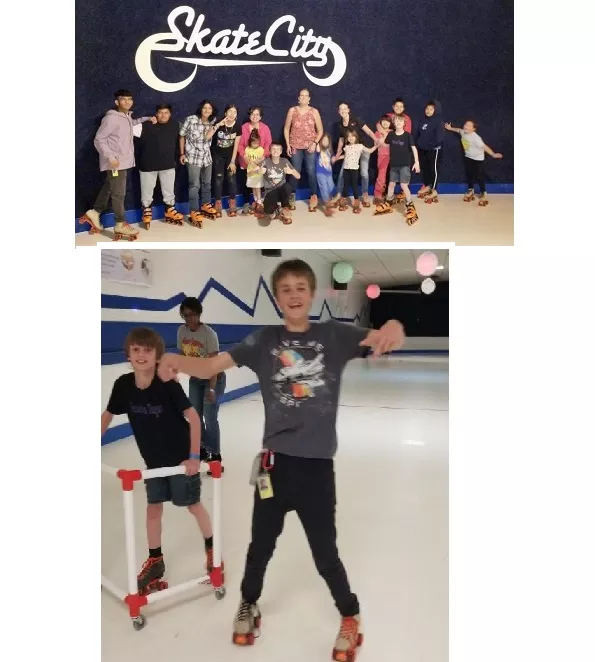 Top, 16 people pose on roller skates-text: Skate City; lower, three kids smile while skating