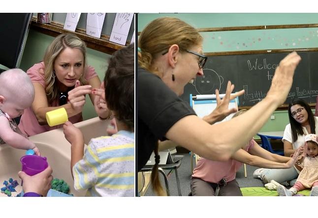 Left: teacher signs to two young children using a sensory box; Right: teacher tells a story using ASL to young families