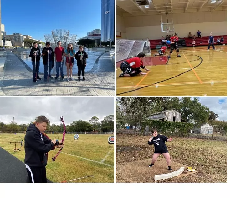 Collage: upper left, five students holding white canes standing outside; upper right, goalball players on the court; lower left, male student with archery bow; lower right, female student throws shotputt