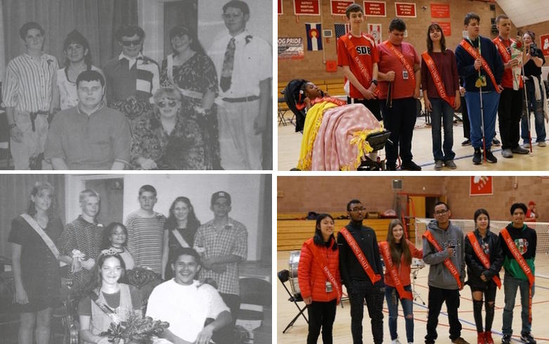 On the left is the 1998 Homecoming Court and the 2024 on the right.  The top picture is the School for the Blind and the bottom picture is the School for the Deaf