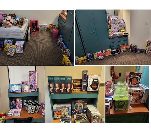 Collage: five photos showing donated new toys and games