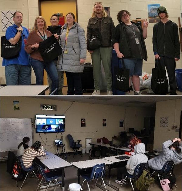 upper, four students and three staff members hold up bags that have braille and English "Shop Blind"; lower, five student sit at tables while interacting with more people on Zoom.