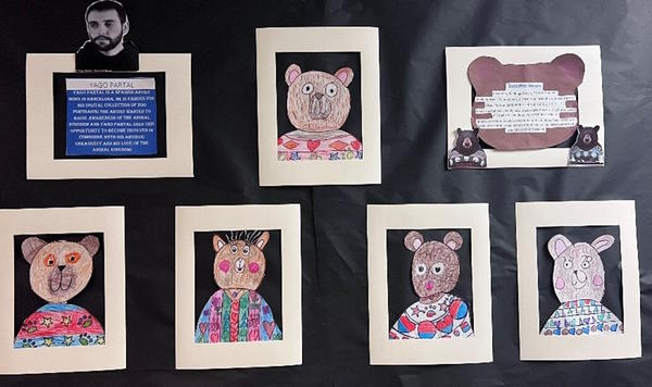 seven portraits of bears - each wearing a unique sweater