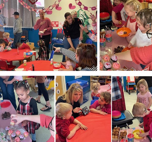 upper left, six adults prepare as the children sit in the decorated party room; upper right, three children hold plates while in line to get snacks; lower left, one girl receives a cupcake; lower center, Interim Superintendent Spangler interacts with two boys; lower right, a boy decorates his cookie while a girl watches.