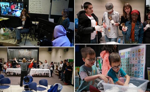 Collage of four photos; top left, two teachers near a monitor playing the video; top right, close up of students discovering the handbells; lower left, many students with handbells play while being directed by their music teacher; lower right, two students dig through a plastic basin filled with powder and buried treasures