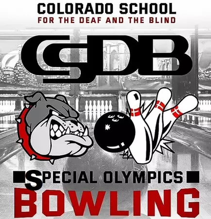 CSDB Colorado School for the Deaf and the Blind, Special Olympics Bowling; Graphic: Bulldog logo on bowling alley, ball and pins