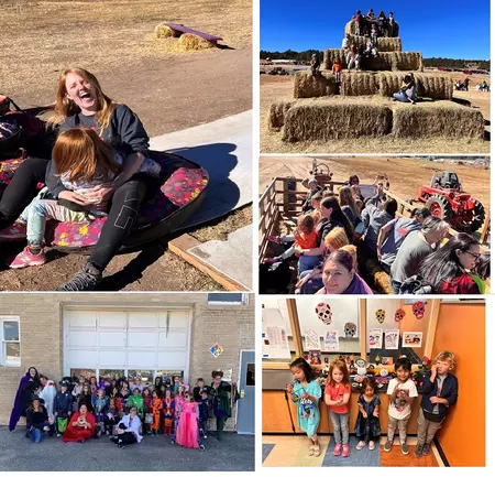 top left: Mom slides with daughter; top right, kids on haystack; center, families during hayride; lower left, Halloween costume parade group; lower right, 5 students using various ASL signs